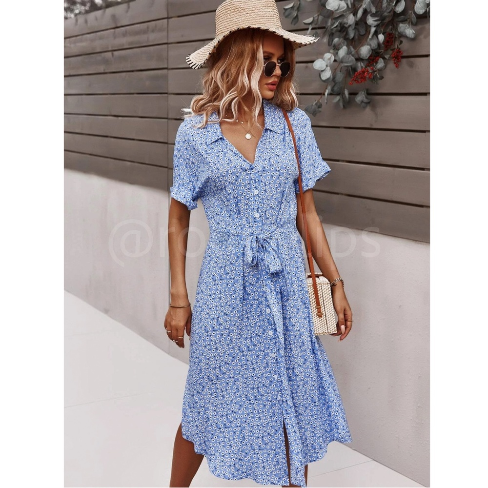 Light Blue Floral Print Midi Dress Button Front V-Neck - Picture 4 of 10